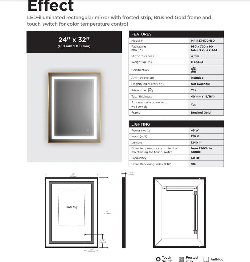 Kalia Effect 24 x 32 Inch LED Illuminated Bathroom Mirror Brushed Gold - Plumbing Market