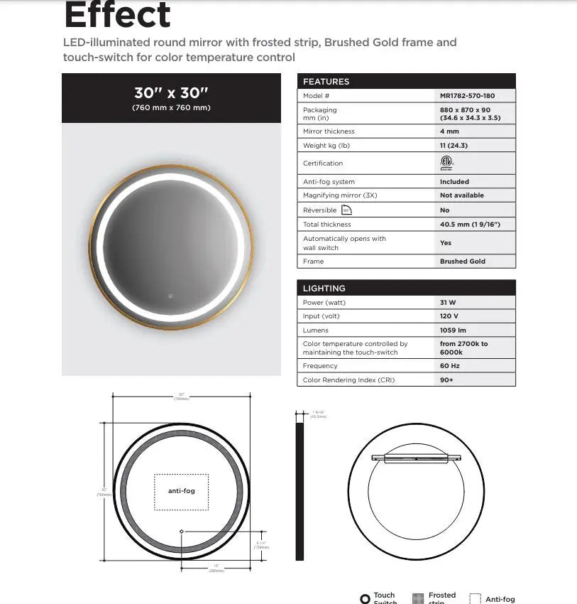 Kalia Effect 30 Inch LED Illuminated Round Bathroom Mirror Brushed Gold - Plumbing Market