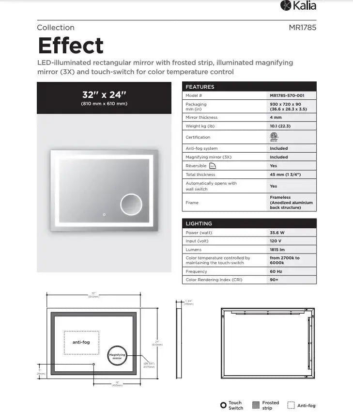 Kalia Effect 30 Inch LED Rectangular Mirror With Frosted Strip - Plumbing Market