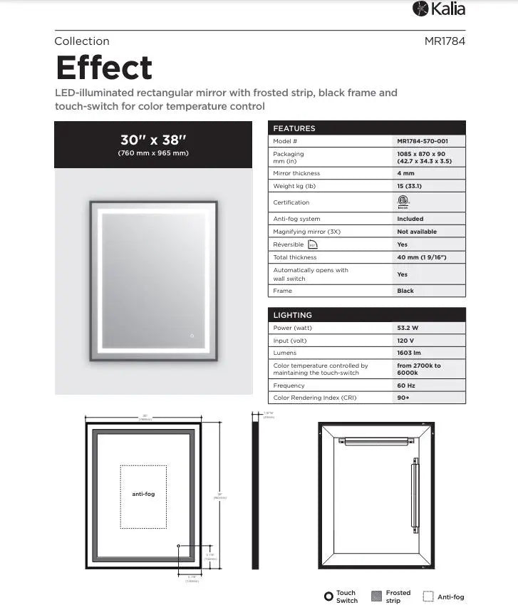 Kalia Effect 30 Inch LED Rectangular Mirror With Frosted Strip - Plumbing Market