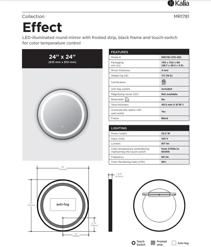 Kalia Effect 30 Inch LED Round Mirror With Frosted Strip Black Frame - Plumbing Market