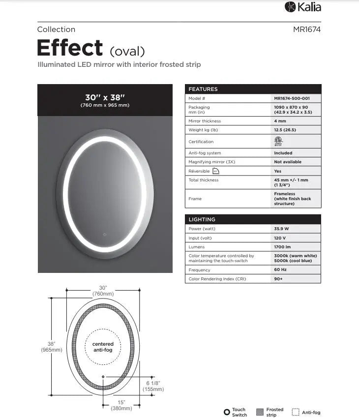Kalia Effect 30 Inch Oval LED Mirror Interior Frosted Strip 2 Tone Switch - Plumbing Market