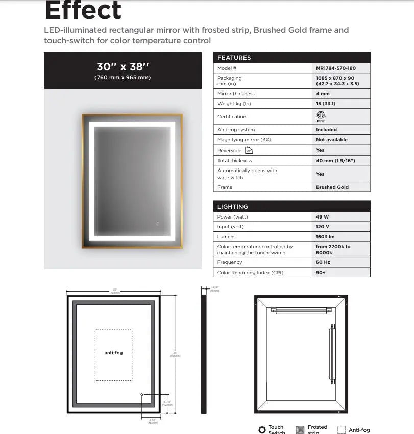 Kalia Effect 30 x 38 Inch LED Illuminated Bathroom Mirror Brushed Gold - Plumbing Market