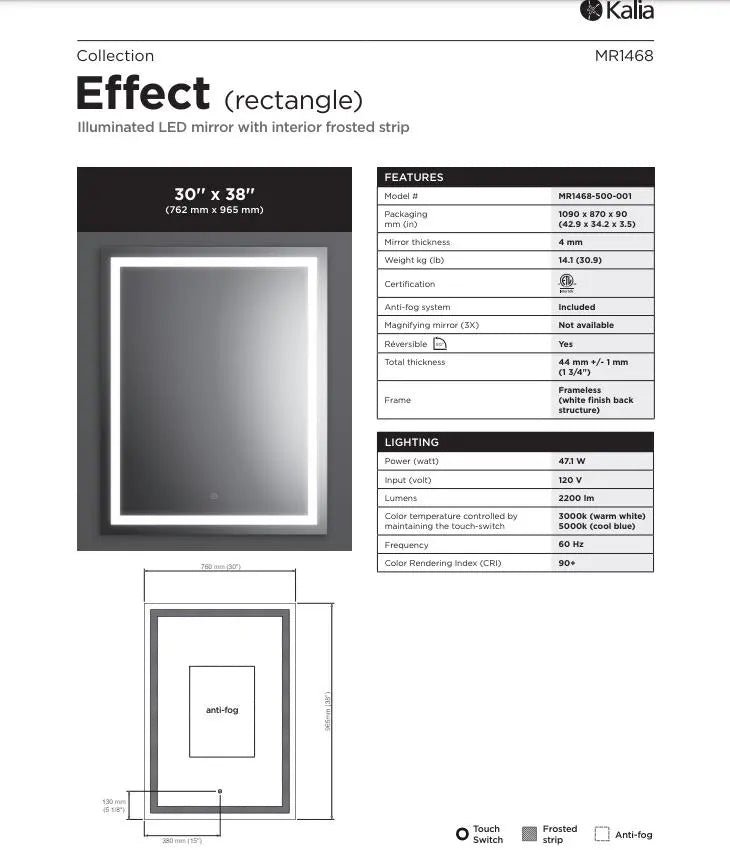 Kalia Effect Rectangular 30 Inch LED Mirror With Frosted Strip Inside - Plumbing Market