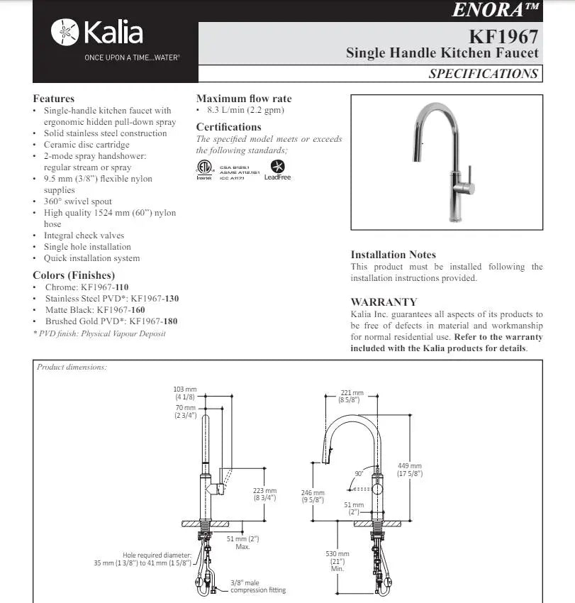 Kalia Enora Diver Single Handle Kitchen Faucet Pull Down Dual Spray - Plumbing Market