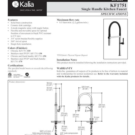Kalia Exki Diver Single Handle Kitchen Faucet Pull Down Dual Spray - Plumbing Market