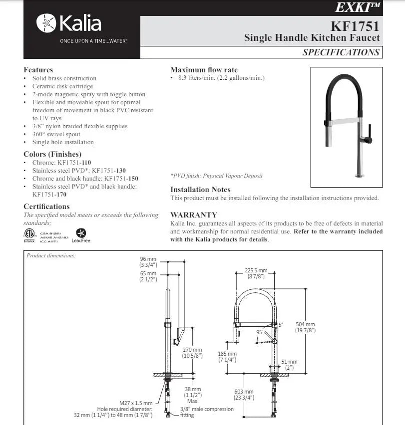 Kalia Exki Diver Single Handle Kitchen Faucet Pull Down Dual Spray - Plumbing Market