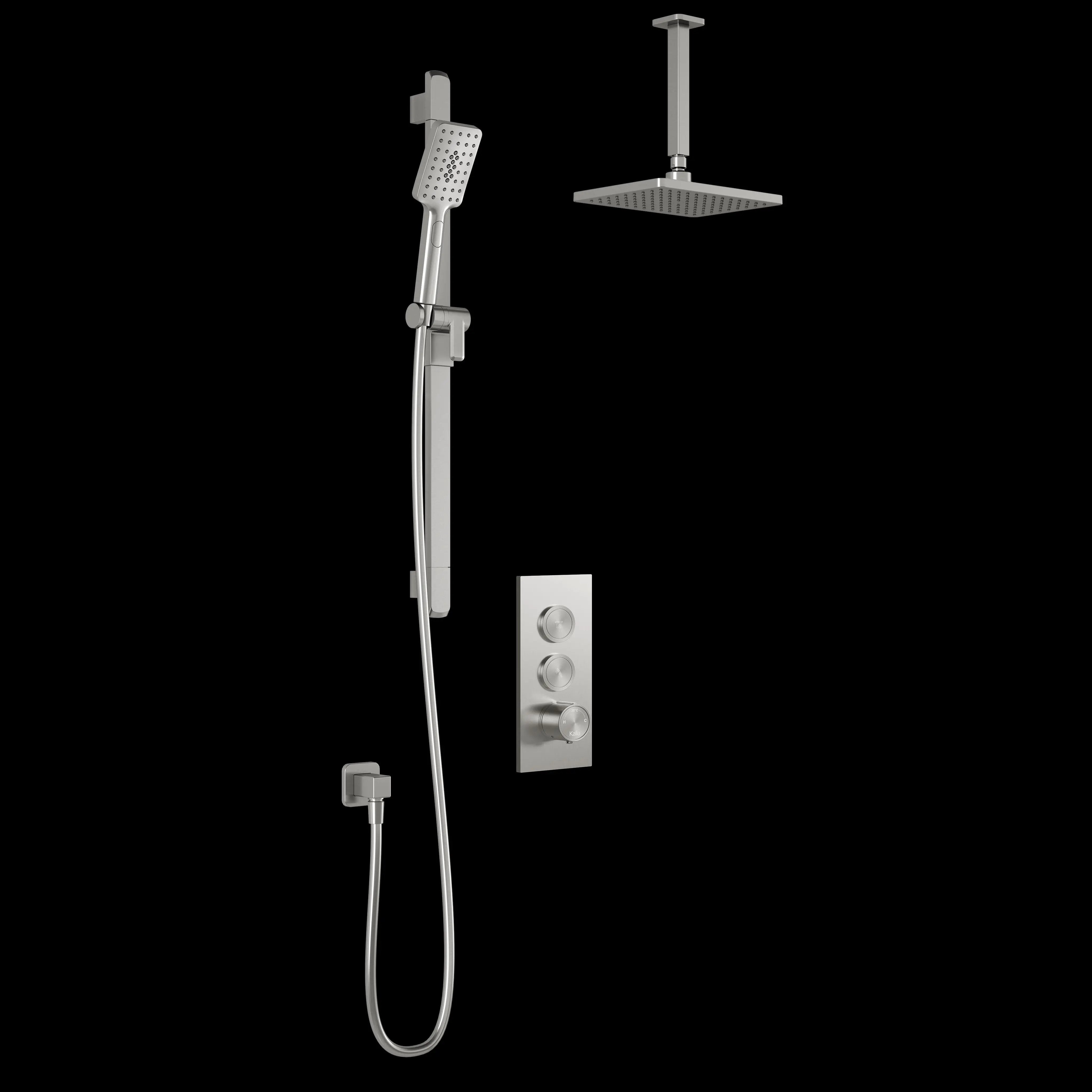 Kalia KAREO TB2 (Valve Not Included) : AQUATONIK T/P Push-Button Shower System with Vertical Ceiling Arm Pure Nickel - Plumbing Market
