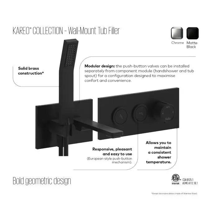 Kalia KAREO Wall-mount Tub Filler with Push-Button Valve - Matte black