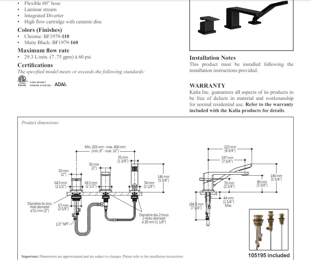 Kalia Kareo 3 Piece Deck Mount Bathtub Filler Faucet With Hand Shower - Plumbing Market