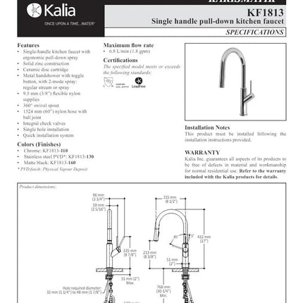 Kalia Karismatik Single Handle Kitchen Faucet Pull Down Dual Spray - Plumbing Market