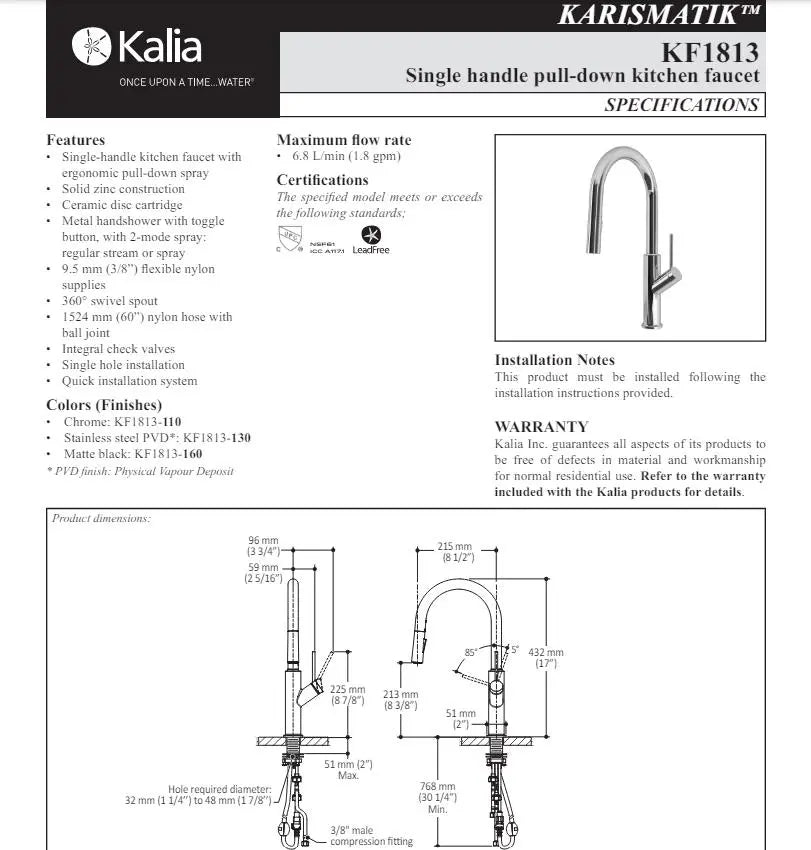 Kalia Karismatik Single Handle Kitchen Faucet Pull Down Dual Spray - Plumbing Market