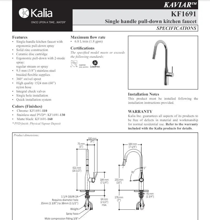 Kalia Kaviar Single Handle Kitchen Faucet Pull Down Dual Spray - Plumbing Market