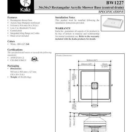 Kalia Kover 36x36 Square Acrylic Shower Base With Tile Flange - Plumbing Market