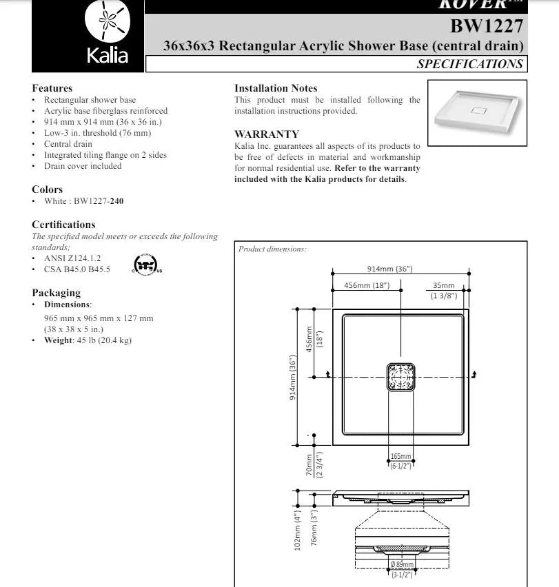 Kalia Kover 36x36 Square Acrylic Shower Base With Tile Flange - Plumbing Market