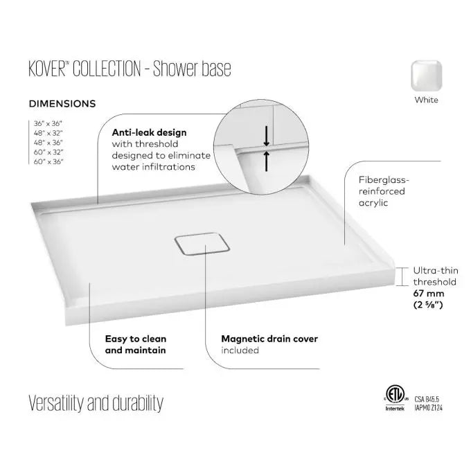 Kalia Kover 48x32 Rectangular Acrylic Shower Base With Flange - Plumbing Market