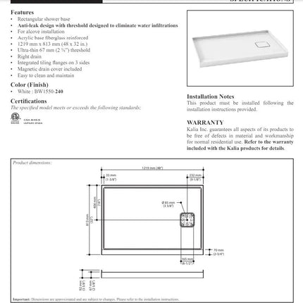 Kalia Kover 48x32 Rectangular Acrylic Shower Base With Flange - Plumbing Market
