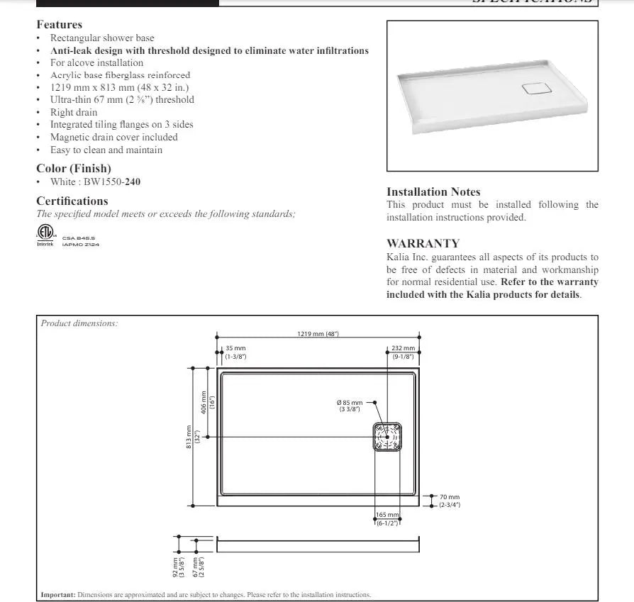 Kalia Kover 48x32 Rectangular Acrylic Shower Base With Flange - Plumbing Market