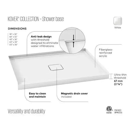Kalia Kover 48x36 Rectangular Acrylic Shower Base Right Tile Flange - Plumbing Market