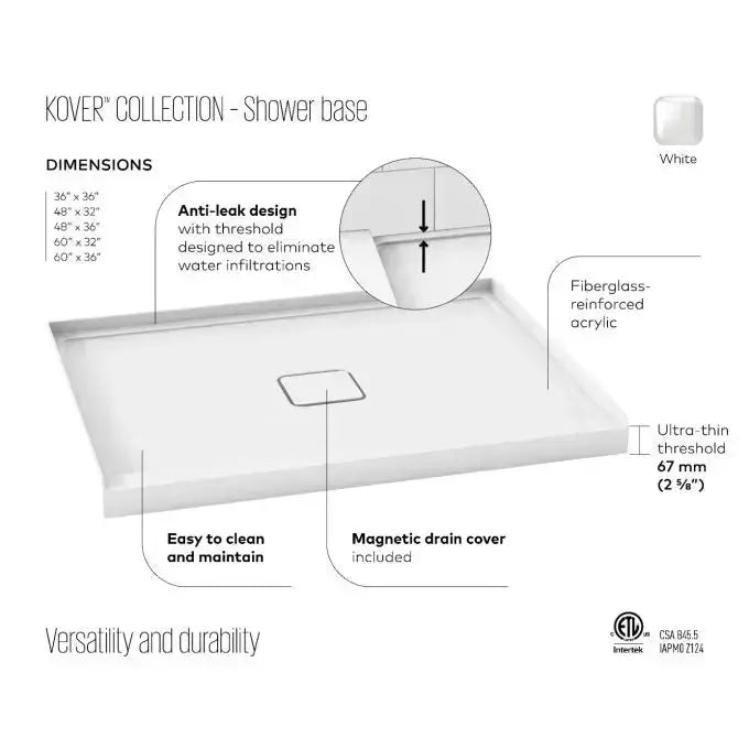 Kalia Kover 48x36 Rectangular Acrylic Shower Base Right Tile Flange - Plumbing Market