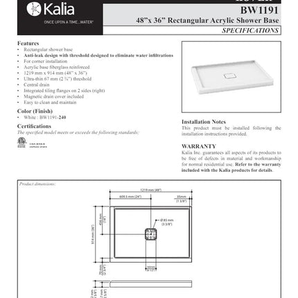 Kalia Kover 48x36 Rectangular Acrylic Shower Base Right Tile Flange - Plumbing Market