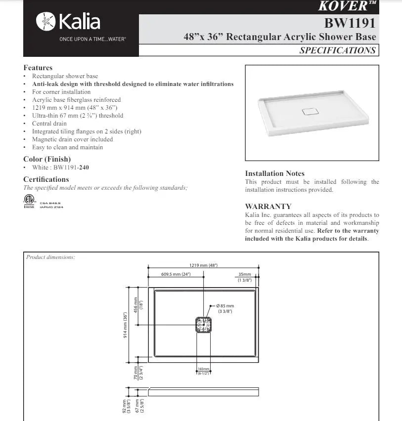 Kalia Kover 48x36 Rectangular Acrylic Shower Base Right Tile Flange - Plumbing Market
