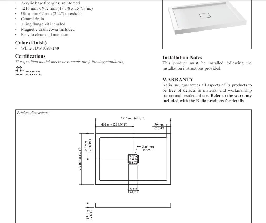 Kalia Kover 48x36 Rectangular Acrylic Shower Base With Flange Kit - Plumbing Market