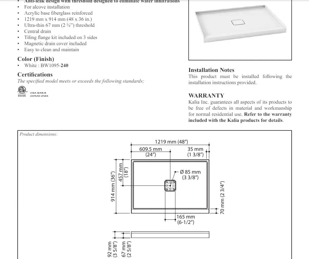 Kalia Kover 48x36 Rectangular Shower Base With 3 Side Tile Flange - Plumbing Market