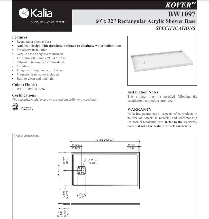 Kalia Kover 60x32 Rectangular Acrylic Shower Base Integrated Flange - Plumbing Market