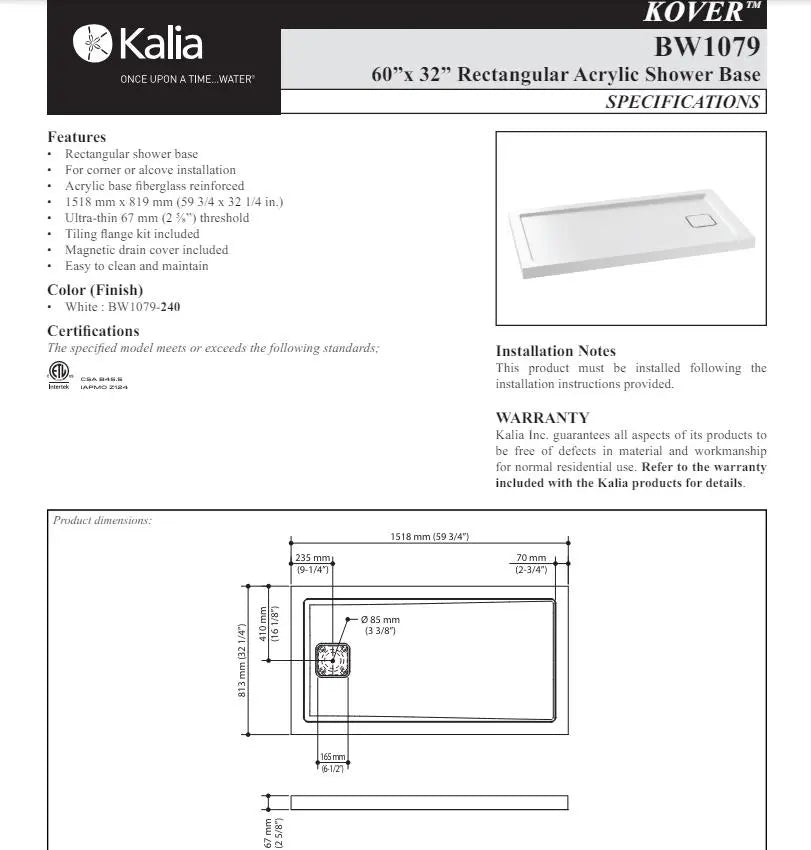 Kalia Kover 60x32 Rectangular Acrylic Shower Base With Flange Kit - Plumbing Market