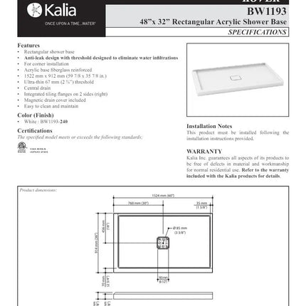 Kalia Kover 60x36 Rectangular Acrylic Shower Base With Right Flange - Plumbing Market