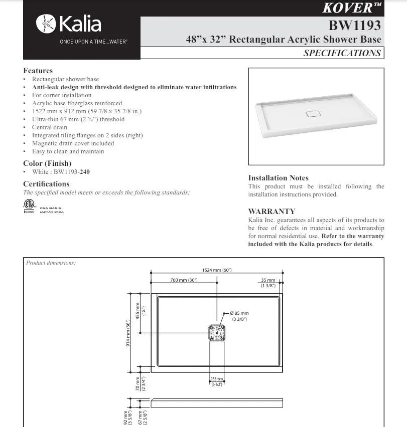 Kalia Kover 60x36 Rectangular Acrylic Shower Base With Right Flange - Plumbing Market
