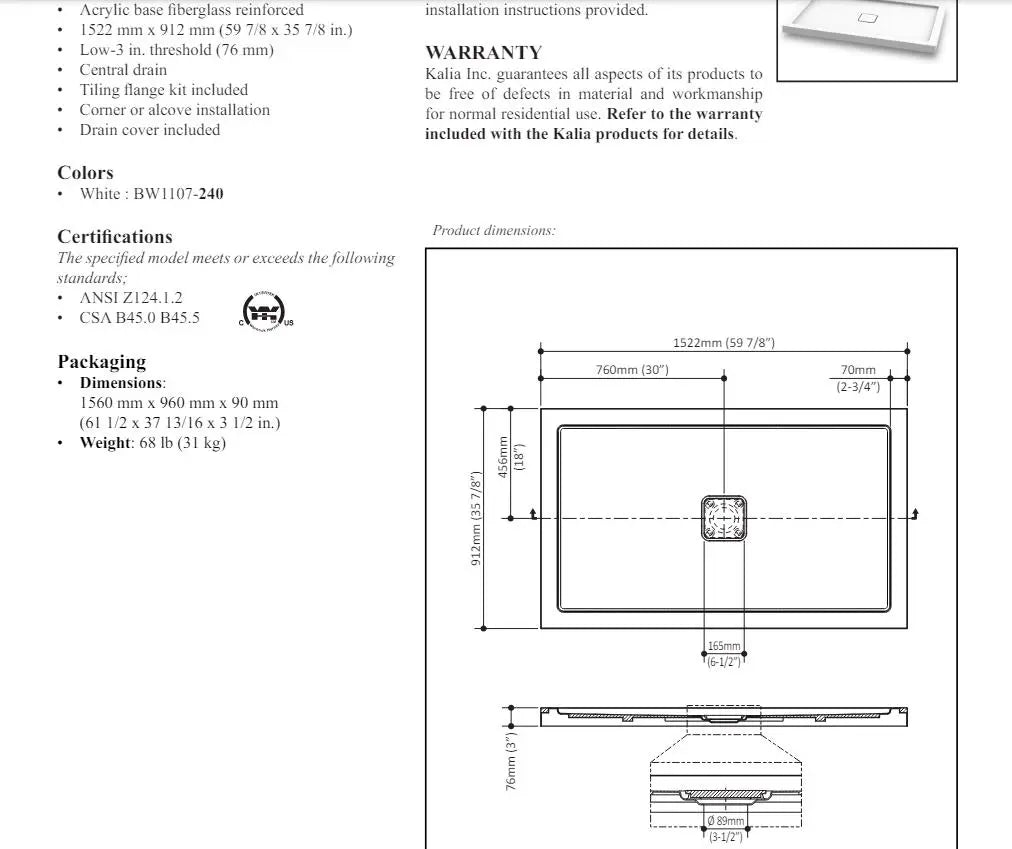 Kalia Kover 60x36 Rectangular Acrylic Shower Base With Tile Flange - Plumbing Market