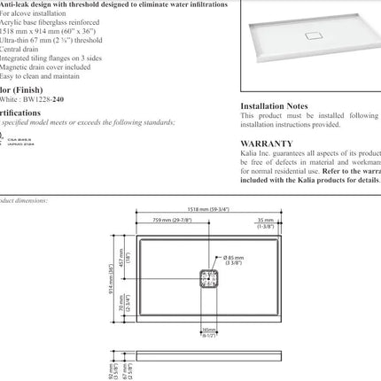 Kalia Kover 60x36 Rectangular Shower Base Central Drain With Flange - Plumbing Market