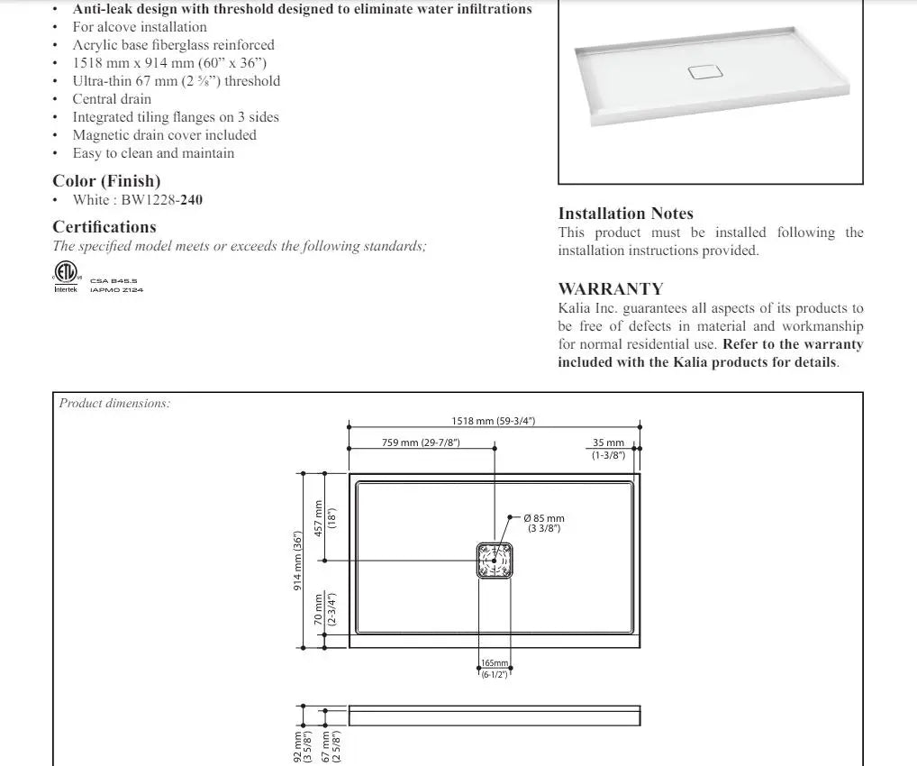 Kalia Kover 60x36 Rectangular Shower Base Central Drain With Flange - Plumbing Market