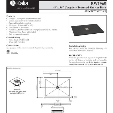 Kalia Lauza 48x36 Rectangular Shower Base Flange Included - Plumbing Market