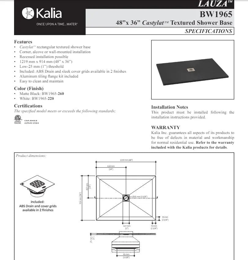 Kalia Lauza 48x36 Rectangular Shower Base Flange Included - Plumbing Market