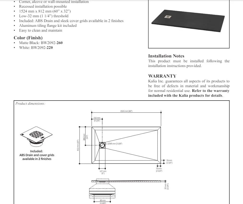 Kalia Lauza 60x32 Rectangular Acrylic Shower Base With Flange Kit - Plumbing Market