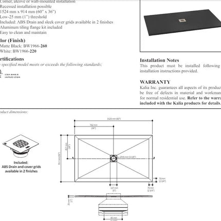 Kalia Lauza 60x36 Rectangular Acrylic Shower Base With Flange Kit - Plumbing Market