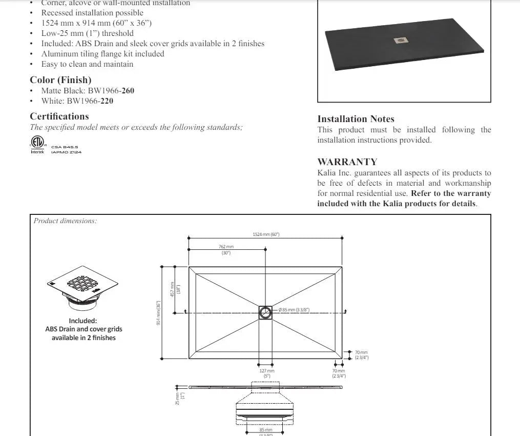 Kalia Lauza 60x36 Rectangular Acrylic Shower Base With Flange Kit - Plumbing Market