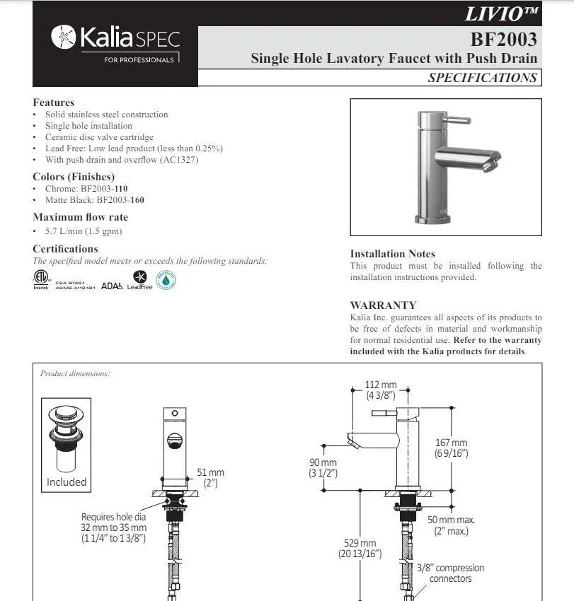 Kalia Livio Single Hole Bathroom Faucet With Push Drain - Plumbing Market