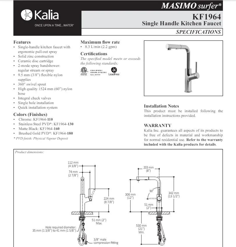 Kalia Masimo Surfer Single Handle Kitchen Faucet Pull Out Dual Spray - Plumbing Market