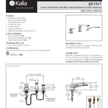 Kalia Moroka 3 Piece Deck Mount Bathtub Faucet With Hand Shower - Plumbing Market