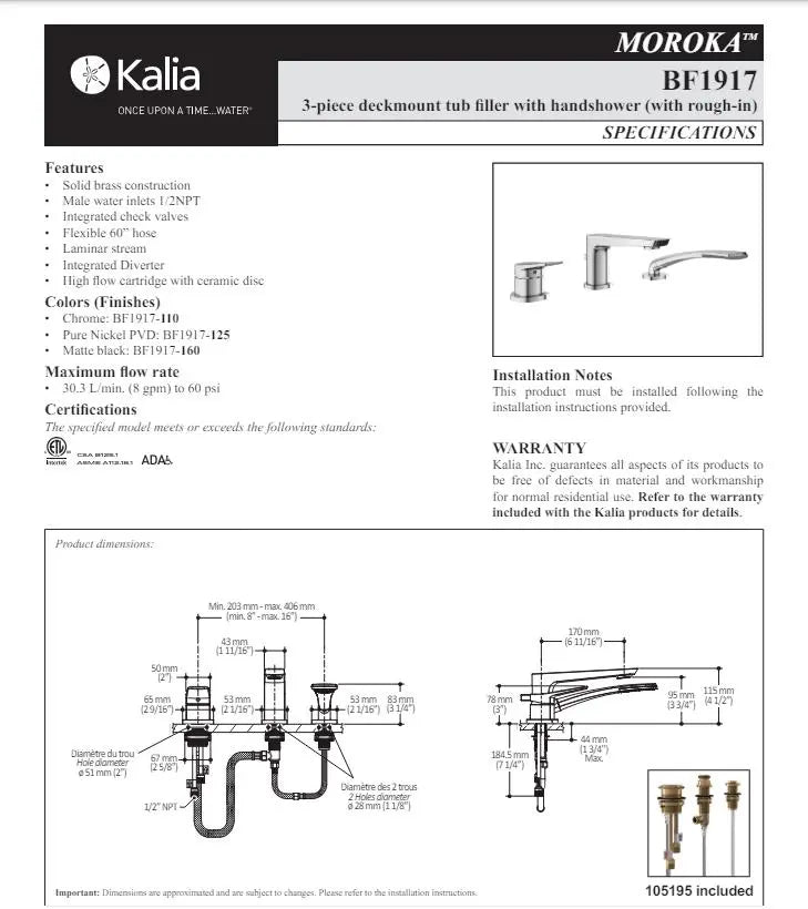 Kalia Moroka 3 Piece Deck Mount Bathtub Faucet With Hand Shower - Plumbing Market