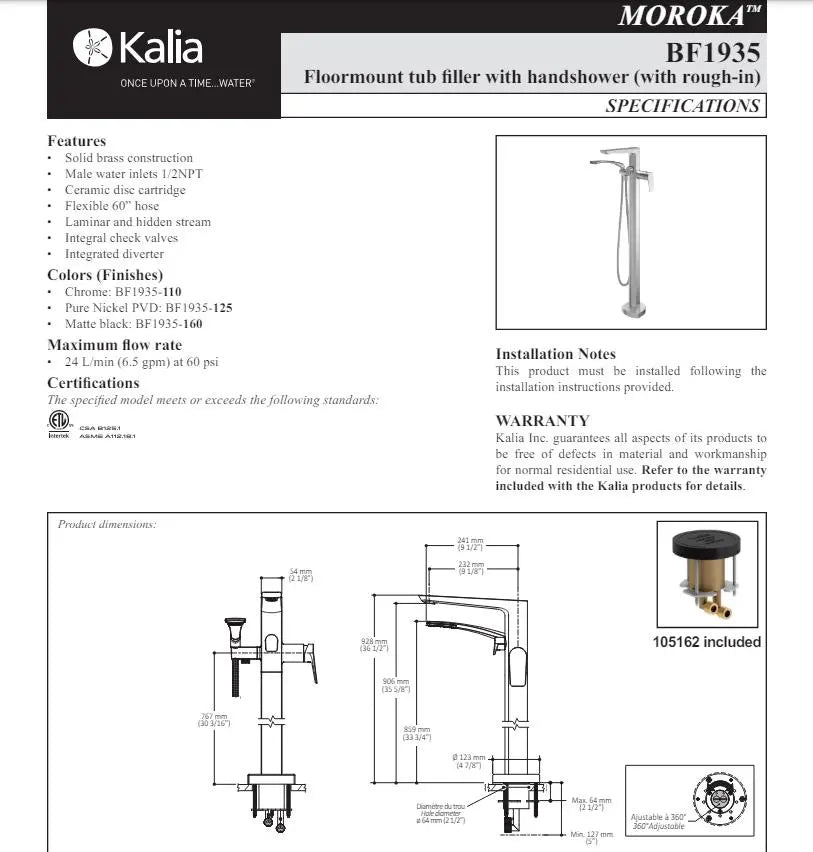 Kalia Moroka Free Standing Tub Filler With Hand Shower Trim - Plumbing Market