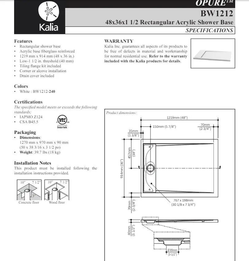 Kalia Opure 48x36 Rectangular Shower Base With Tile Flange Kit - Plumbing Market