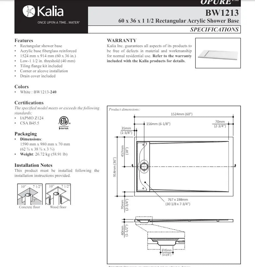 Kalia Opure 60x36 Rectangular Acrylic Shower Base With Tile Flange Kit - Plumbing Market