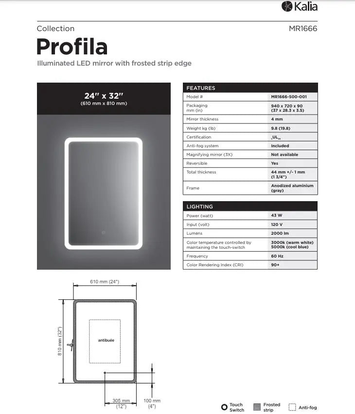 Kalia PROFILA Rectangular 24 Inch LED Mirror With Frosted Strip Edge - Plumbing Market