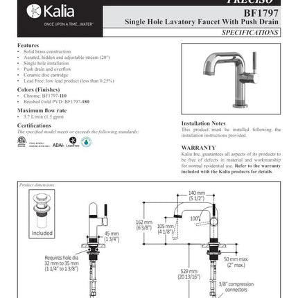 Kalia Preciso Single Hole Bathroom Sink Faucet With Push Drain - Plumbing Market