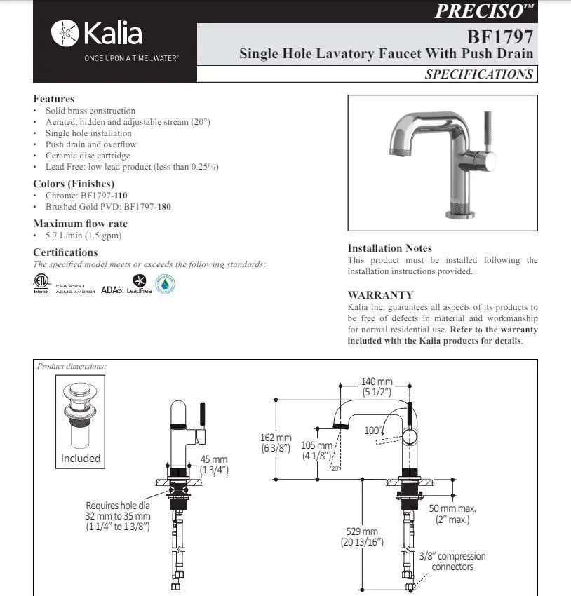 Kalia Preciso Single Hole Bathroom Sink Faucet With Push Drain - Plumbing Market